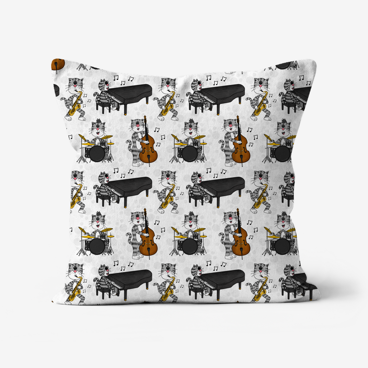 Cats Playing Jazz Pattern Cushion - Saxophone, Piano, Drums and Double Bass - Musician Music Room Decor
