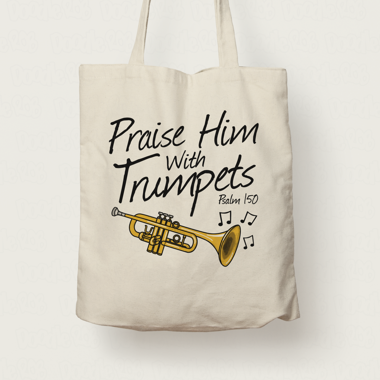 Church Trumpet Tote Bag - Praise Him With Trumpets (Psalm 150:3) - Worship Trumpeter Gift