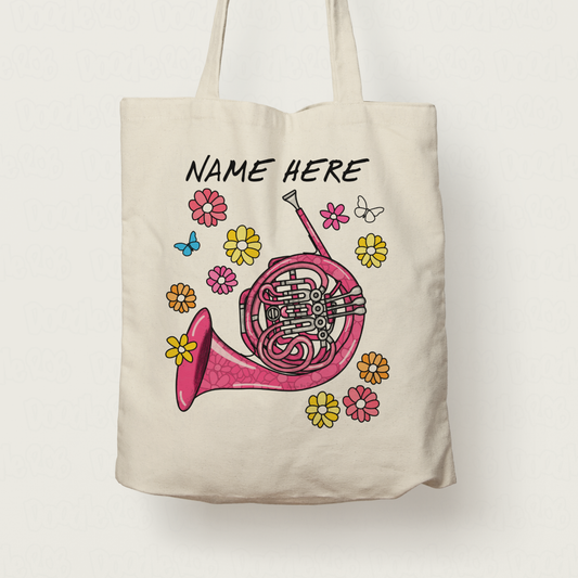 Floral French Horn Tote Bag - Custom Gift For Horn Player - Personalised Brass Musician Gift