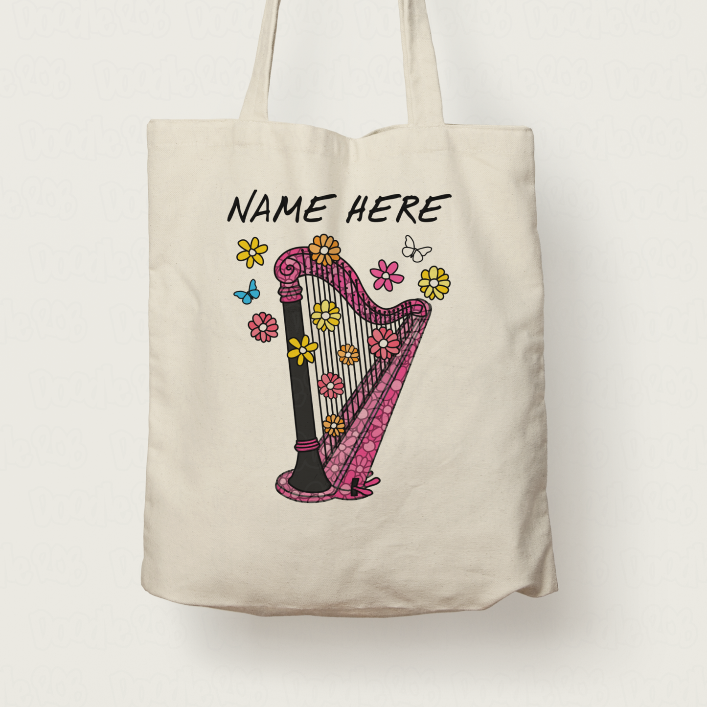 Floral Harp Tote Bag - Custom Gift For Harpist - Harp Teacher Personalised Gift