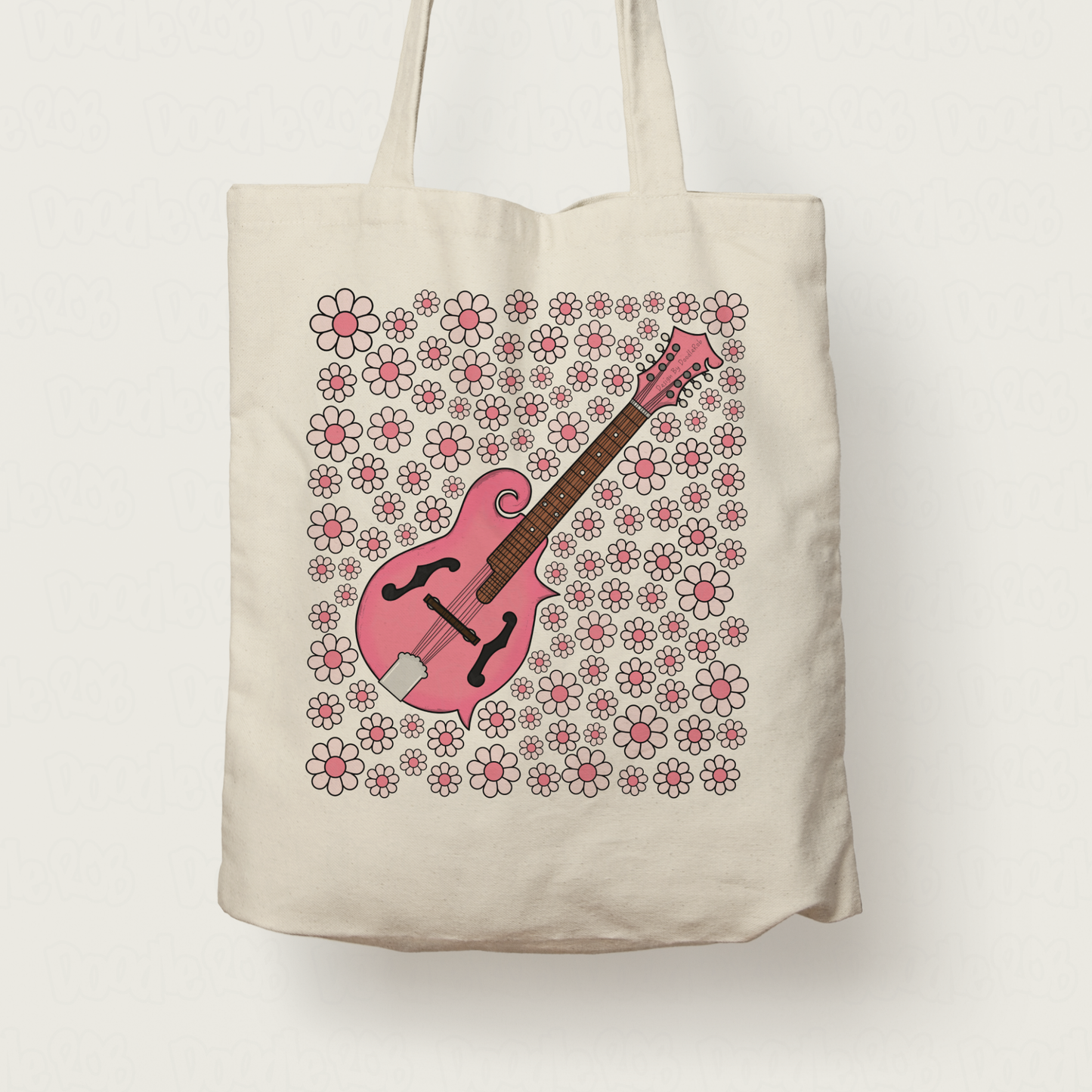 Mandolin Floral Tote Bag (Pink Flowers) - Female Mandolinist - Folk Musician Gift For Girl