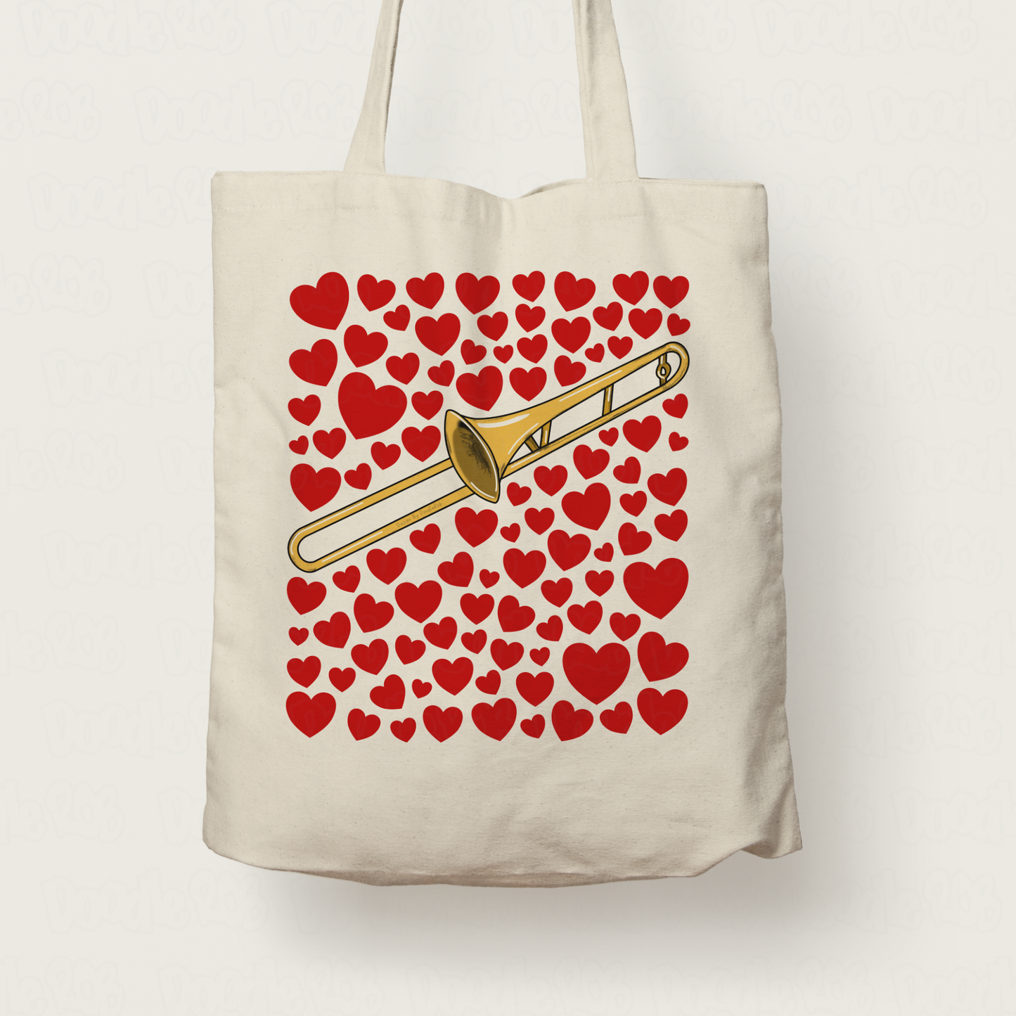 Trombone With Hearts Tote Bag - Gift For Trombonist - Brass Musician Valentines Anniversary Gift