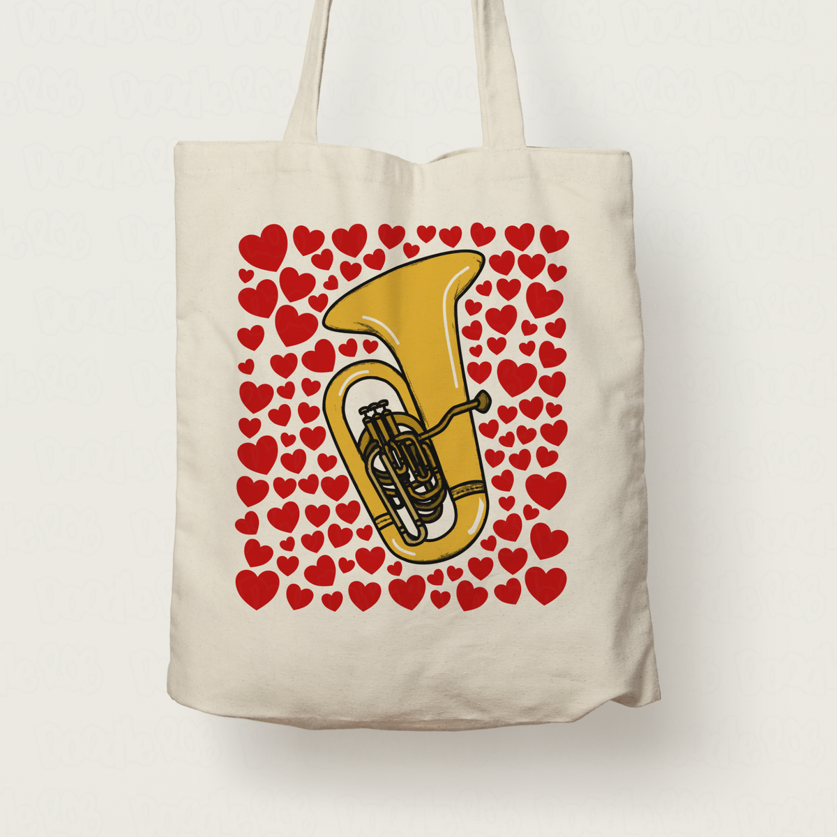 Tuba With Hearts Tote Bag - Gift For Tubaist - Tuba Teacher - Brass Musician Valentines Anniversary Gift
