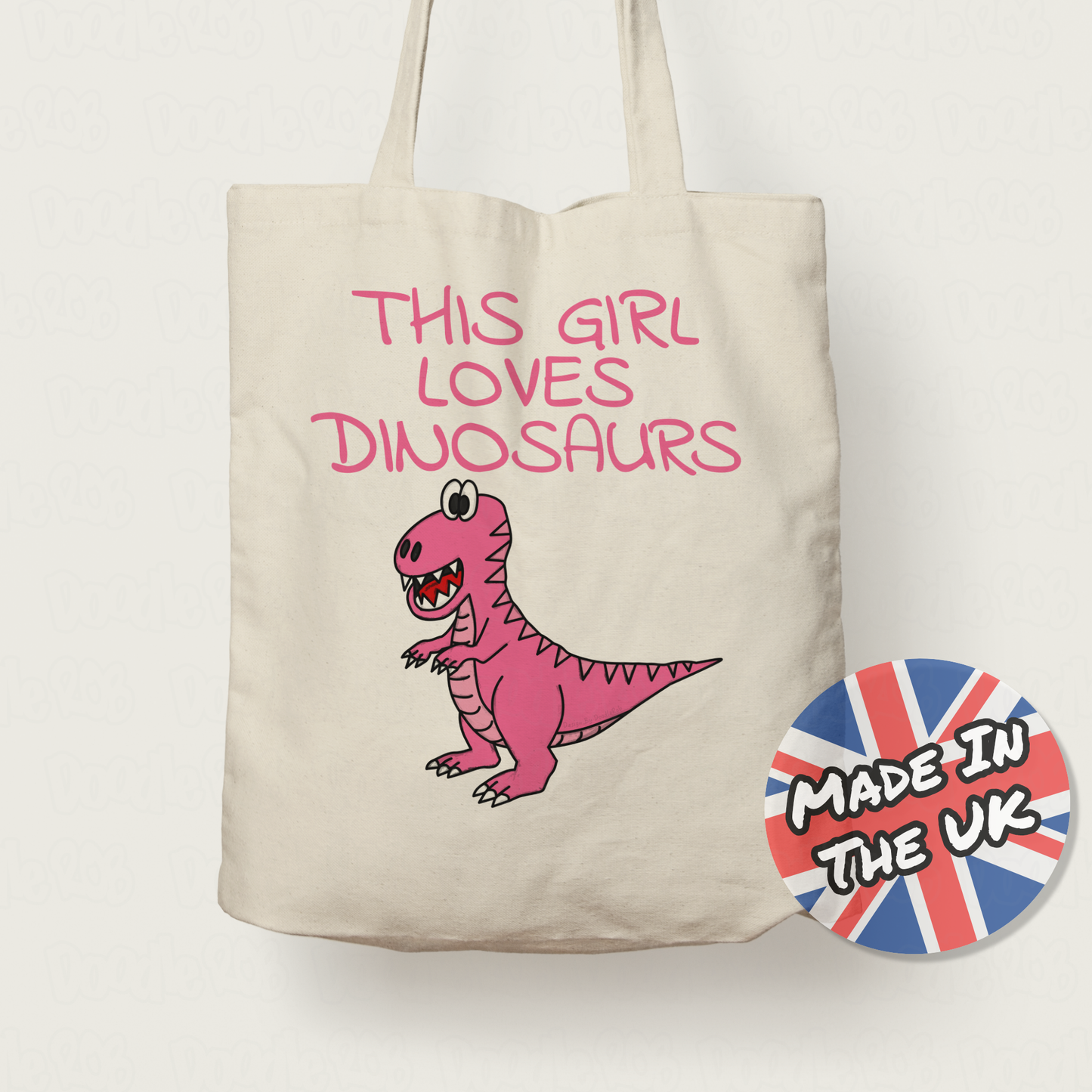 Girl's T-Rex Dinosaur Tote Bag - This Girl Loves Dinosaurs - Pink Dinosaur Gift