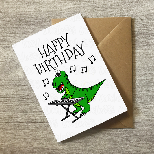 Dinosaur Piano Birthday Card - T-Rex Playing Piano - Funny Musician Birthday Card