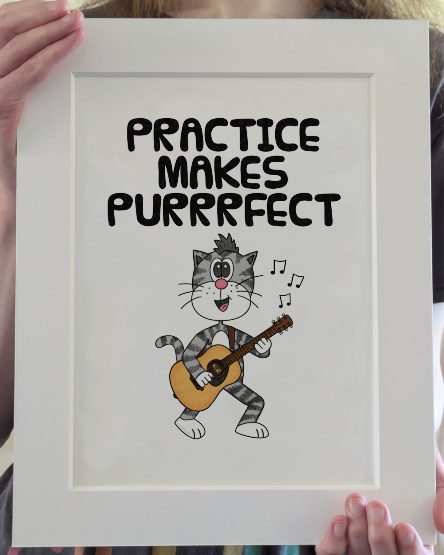 Cat Acoustic Guitar Art Print - Practice Makes Purrrfect - Guitarist Wall Art - Funny Music Teacher Gift