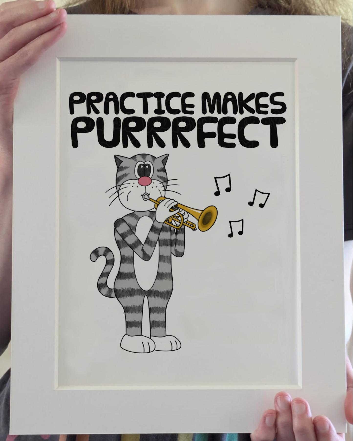 Cat Playing Cornet Art Print - Practice Makes Purrrfect - Cornetist Wall Art - Funny Brass Musician Decor