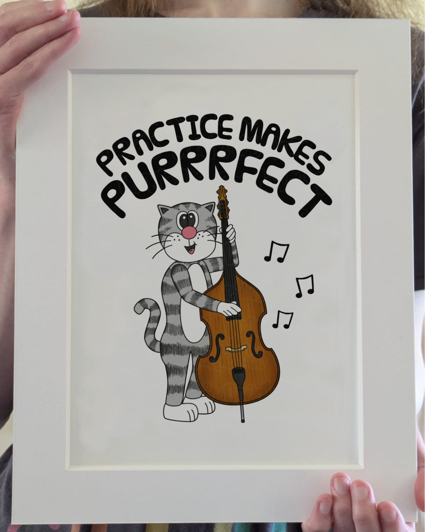 Cat Double Bass Art Print - Practice Makes Purrrfect - Bassist Wall Art - Jazz Musician Decor