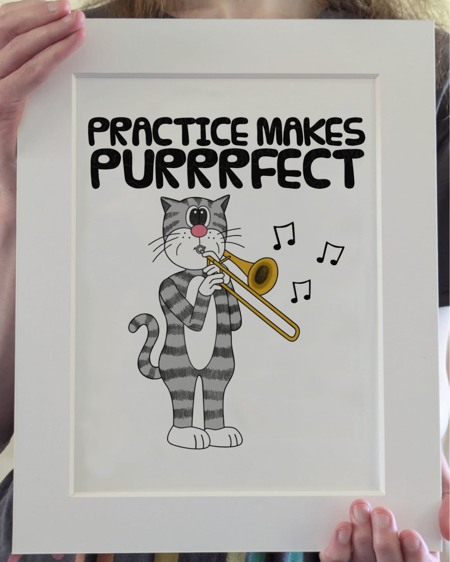 Cat Trombone Art Print - Practice Makes Purrrfect - Trombonist Wall Art - Funny Brass Musician Decor