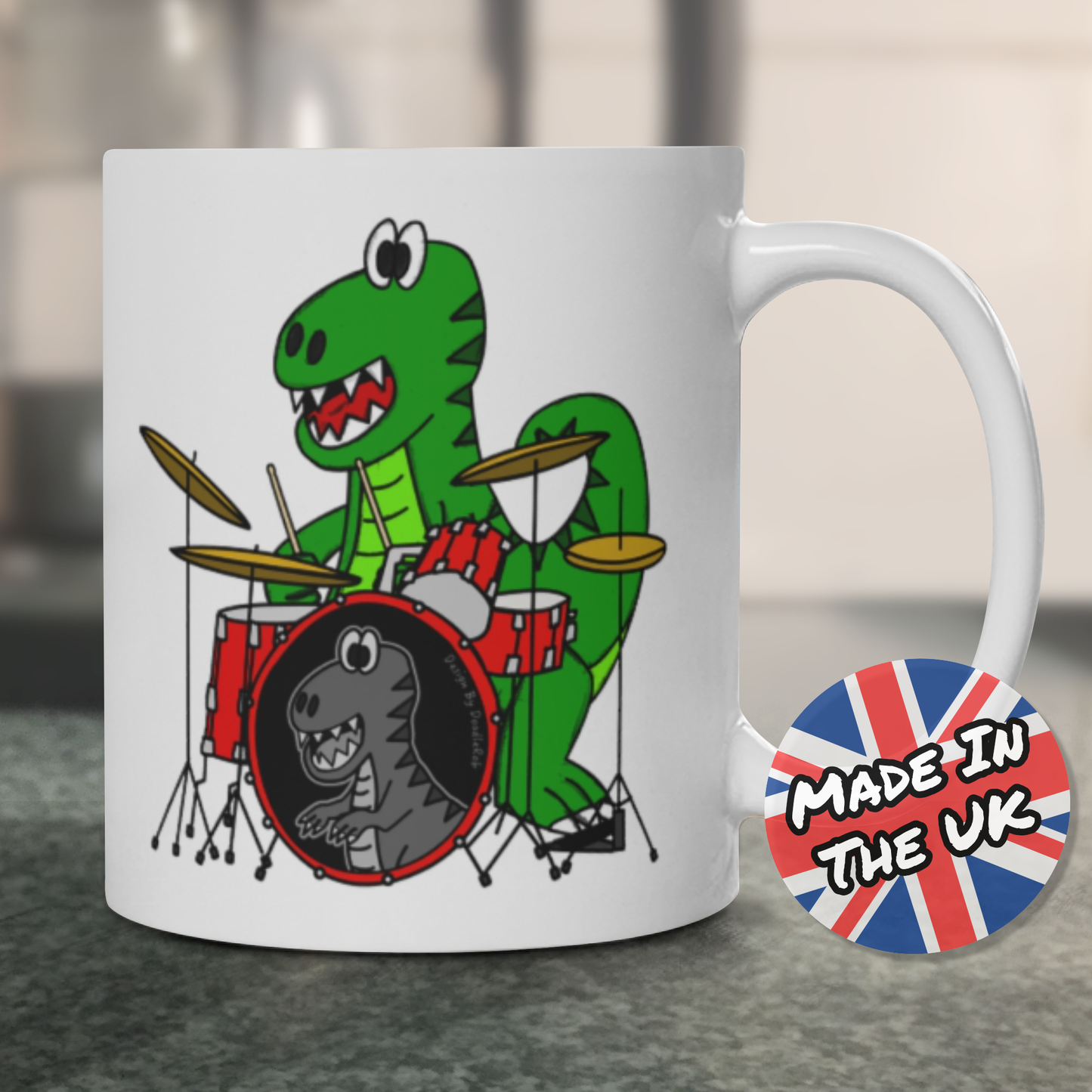 Dinosaur Drummer Mug - T-Rex Playing Drums - Drum Teacher Gift
