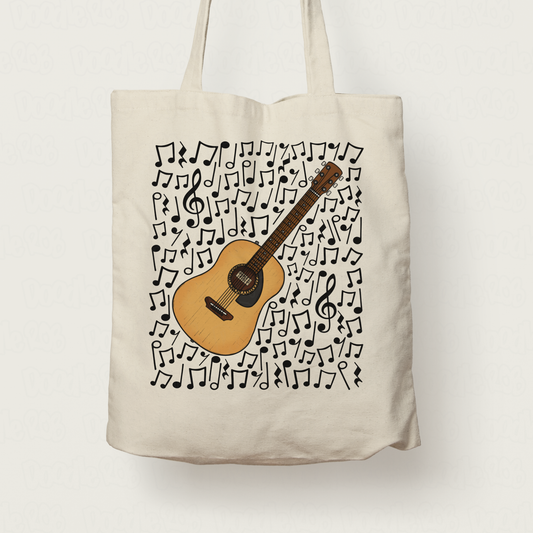 Acoustic Guitar Musical Notes Tote Bag - Guitarist Gift - Guitar Teacher Tote Bag - Gift For Songwriter