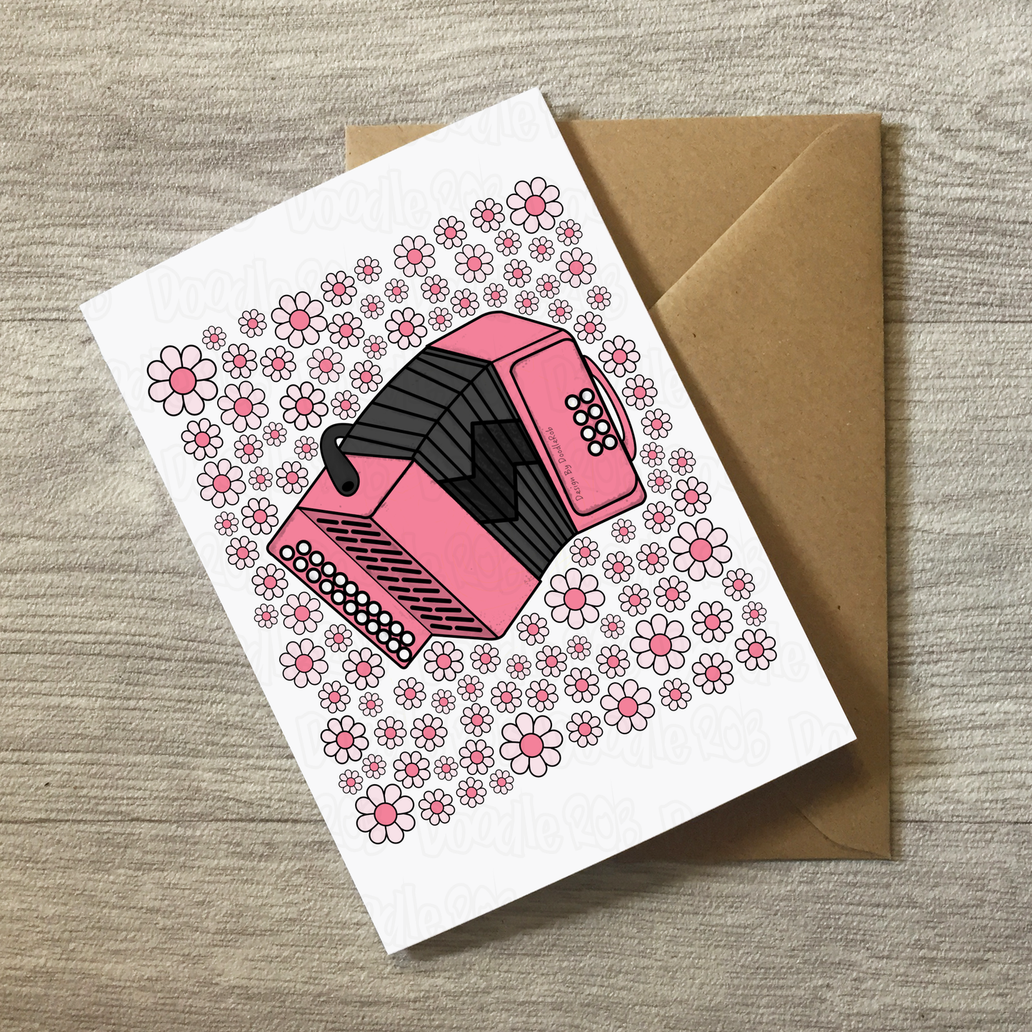 Accordion Floral Greeting Card (Pink Flowers) - Female Accordionist - Folk Musician Card For Girl
