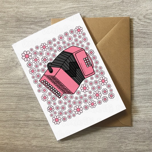 Accordion Floral Greeting Card (Pink Flowers) - Female Accordionist - Folk Musician Card For Girl