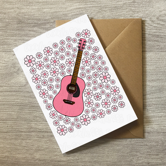 Acoustic Guitar Floral Greeting Card (Pink Flowers) - Female Guitarist - Musician Card For Girl
