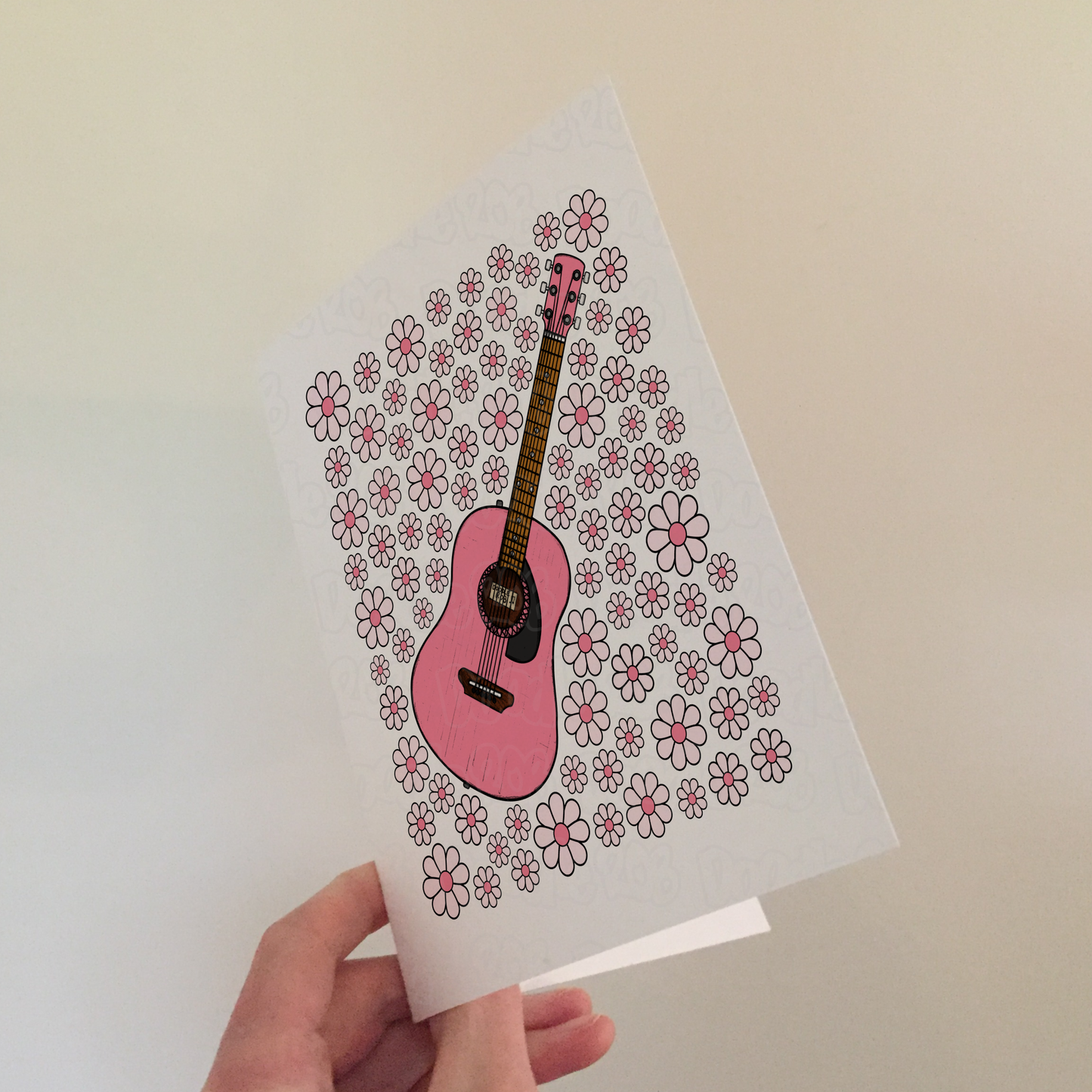 Acoustic Guitar Floral Greeting Card (Pink Flowers) - Female Guitarist - Musician Card For Girl