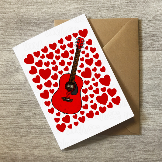 Acoustic Guitar With Hearts Card - Guitarist Musician Valentines Anniversary Card