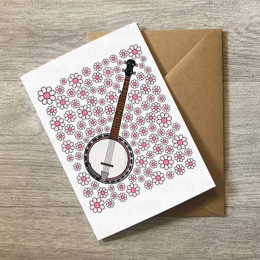Banjo Floral Greeting Card (Pink Flowers) - Banjoist - Folk Musician Card For Girl