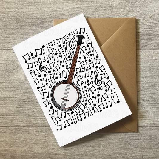 Banjo Greeting Card (Musical Notes) - Banjoist Birthday Card - Folk Musician Card