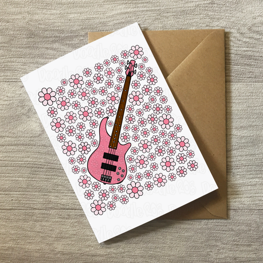Bass Guitar Floral Greeting Card (Pink Flowers) - Female Bassist - Musician Card For Girl