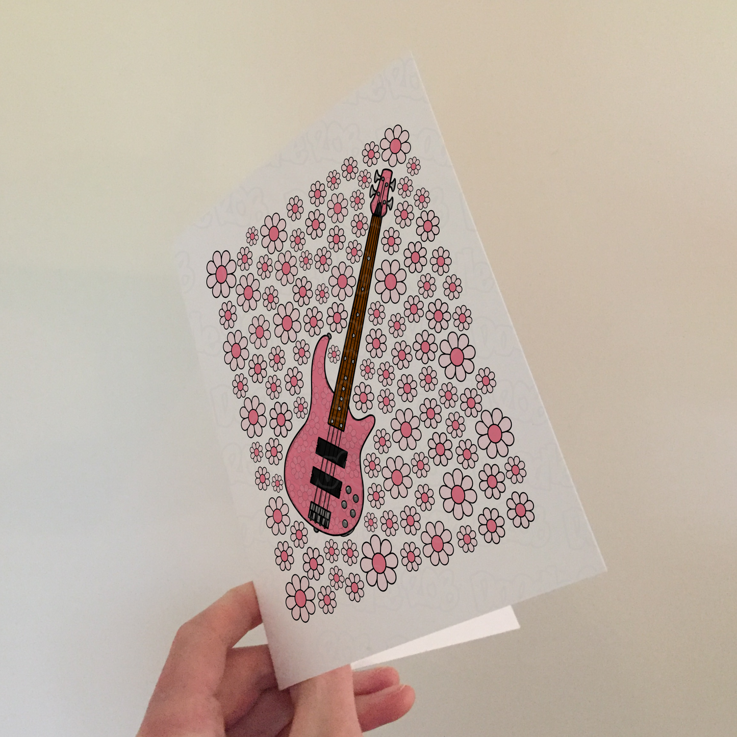 Bass Guitar Floral Greeting Card (Pink Flowers) - Female Bassist - Musician Card For Girl