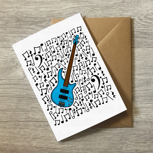 Bass Guitar Greeting Card (Musical Notes) - Bassist Birthday Card - Bass Guitarist Card