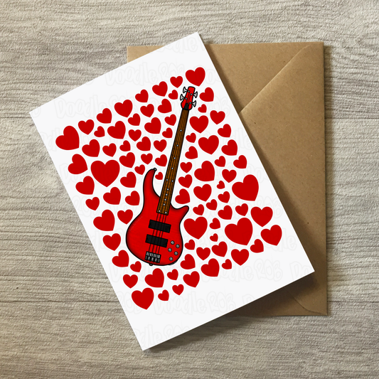 Bass Guitar With Hearts Greeting Card - Bassist Musician Valentines Anniversary Card