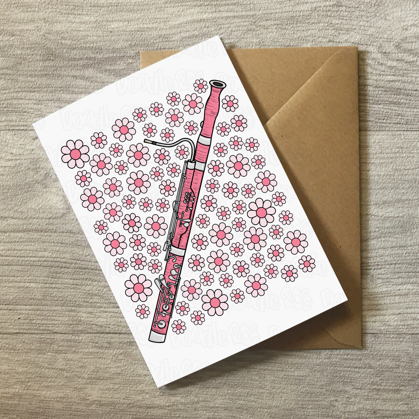 Bassoon Floral Greeting Card (Pink Flowers) - Female Bassoonist - Woodwind Musician Card For Girl