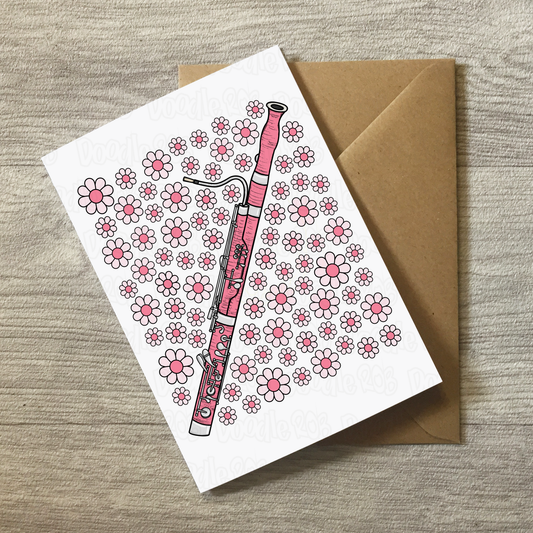 Bassoon Floral Greeting Card (Pink Flowers) - Female Bassoonist - Woodwind Musician Card For Girl