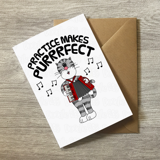Cat Accordion Greeting Card - Practice Makes Purrrfect - Accordionist Birthday Card - Funny Brass Musician Card