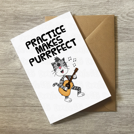 Cat Acoustic Guitar Greeting Card - Practice Makes Purrrfect - Guitarist Birthday Card - Funny Music Teacher Card