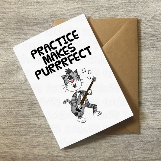Cat Bass Guitar Greeting Card - Practice Makes Purrrfect - Bassist Birthday Card - Funny Music Teacher Card
