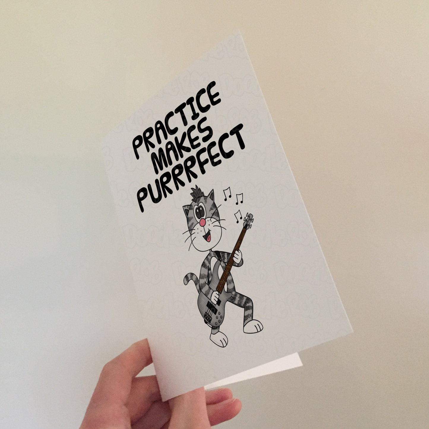 Cat Bass Guitar Greeting Card - Practice Makes Purrrfect - Bassist Birthday Card - Funny Music Teacher Card