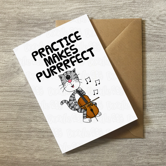 Cat Cello Greeting Card - Practice Makes Purrrfect - Cellist Birthday Card - Funny Music Teacher Card
