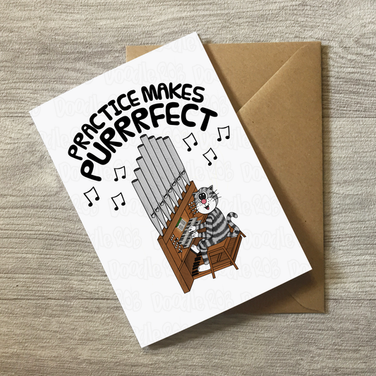 Cat Church Organ Greeting Card - Practice Makes Purrrfect - Organist Birthday Card