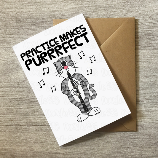Cat Clarinet Greeting Card - Practice Makes Purrrfect - Clarinetist Birthday Card - Funny Music Teacher Card