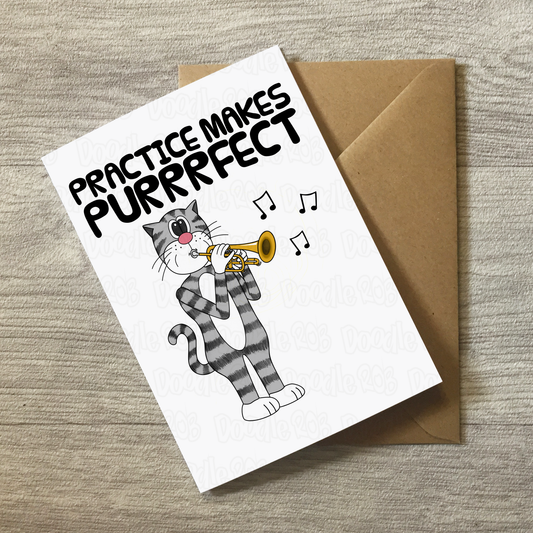 Cat Playing Cornet Greeting Card - Practice Makes Purrrfect - Cornetist Birthday Card - Funny Brass Musician Card
