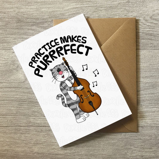 Cat Double Bass Greeting Card - Practice Makes Purrrfect - Bassist Birthday Card - Jazz Musician Card