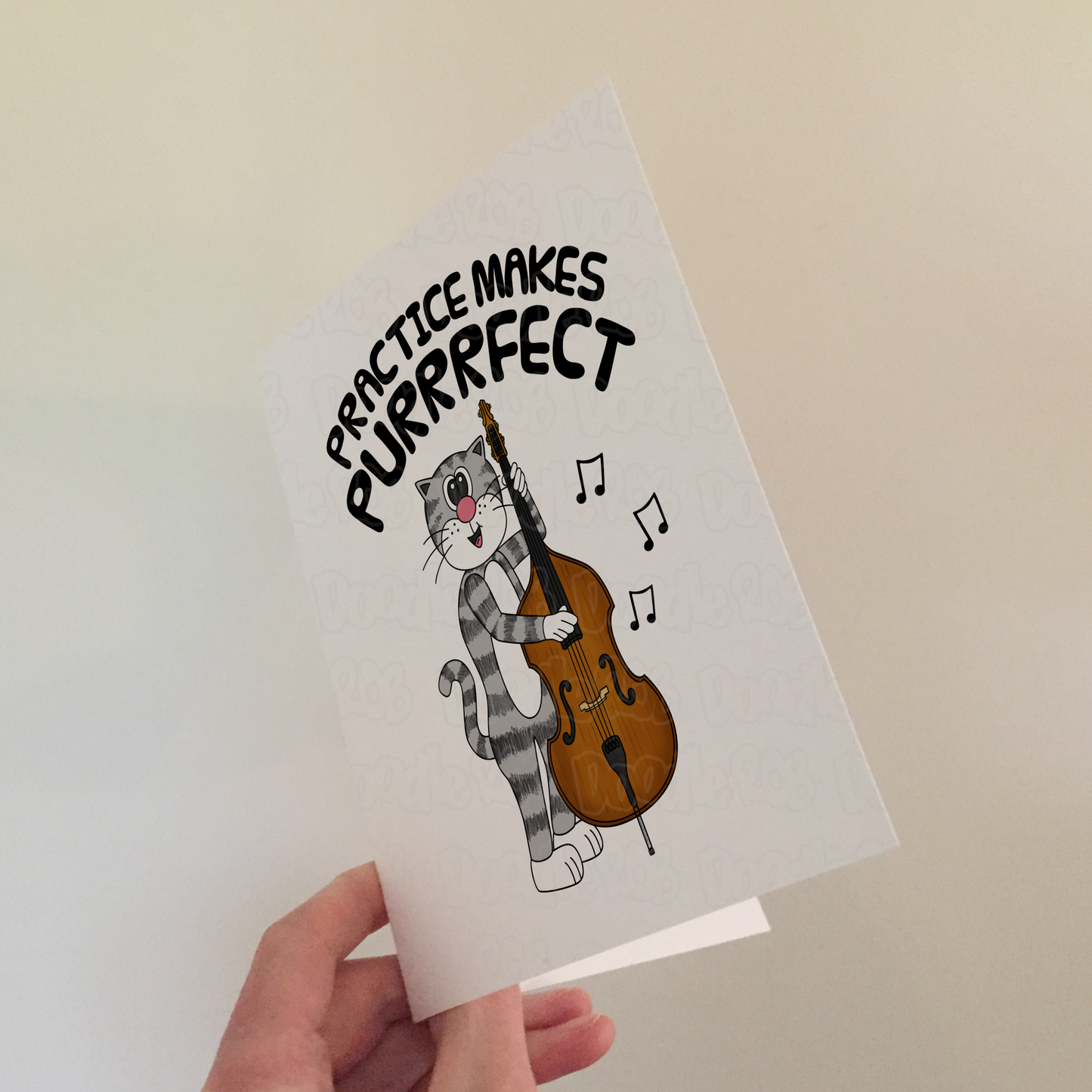 Cat Double Bass Greeting Card - Practice Makes Purrrfect - Bassist Birthday Card - Jazz Musician Card