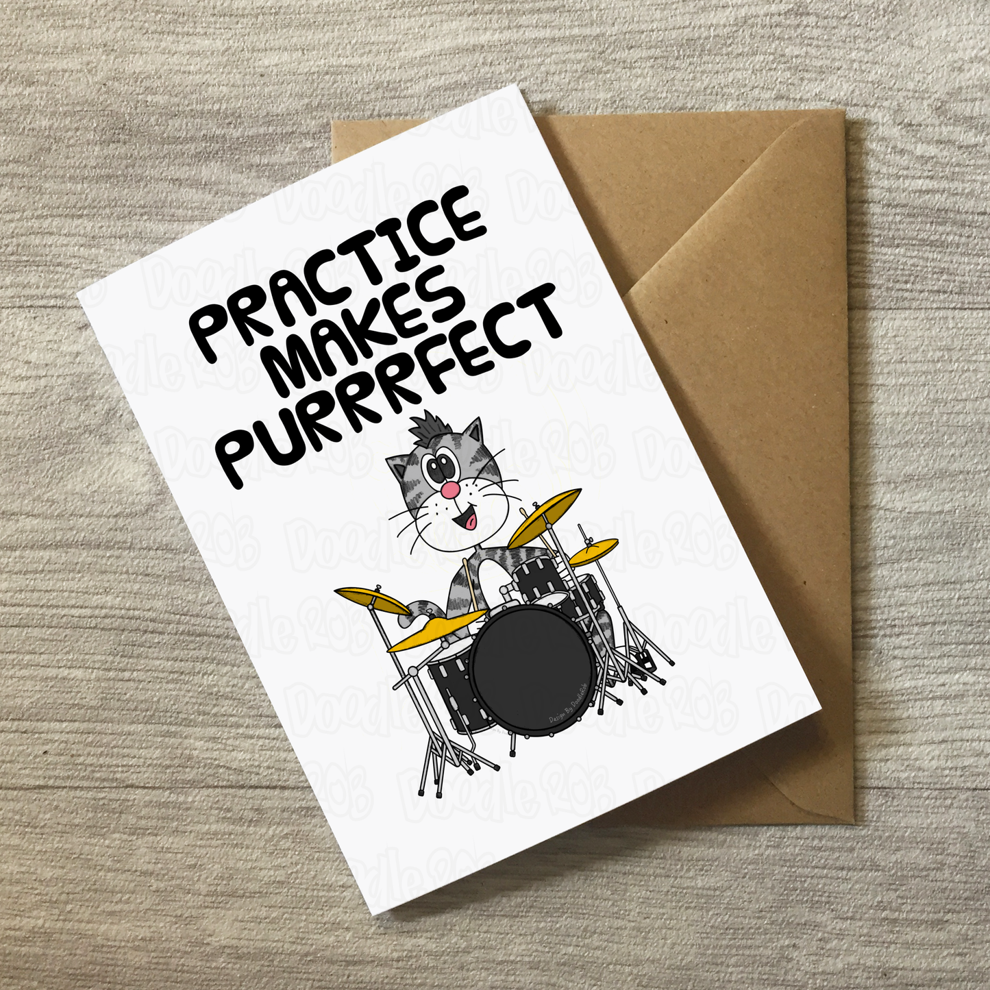 Cat Playing Drums Greeting Card - Practice Makes Purrrfect - Drummer Birthday Card - Funny Music Teacher Card