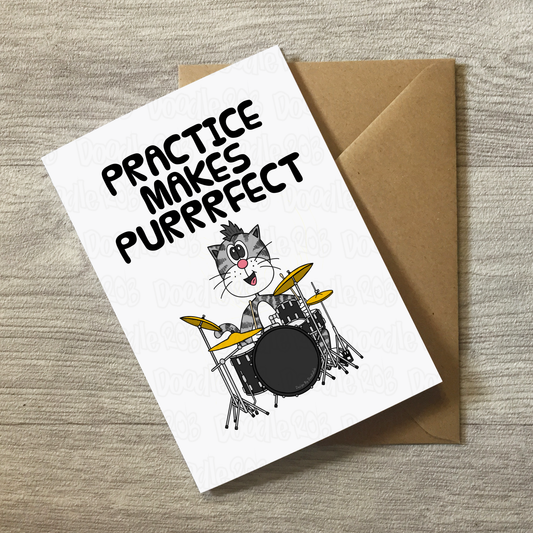 Cat Playing Drums Greeting Card - Practice Makes Purrrfect - Drummer Birthday Card - Funny Music Teacher Card