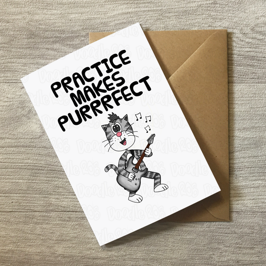 Cat Electric Guitar Greeting Card - Practice Makes Purrrfect - Guitarist Birthday Card - Funny Music Teacher Card
