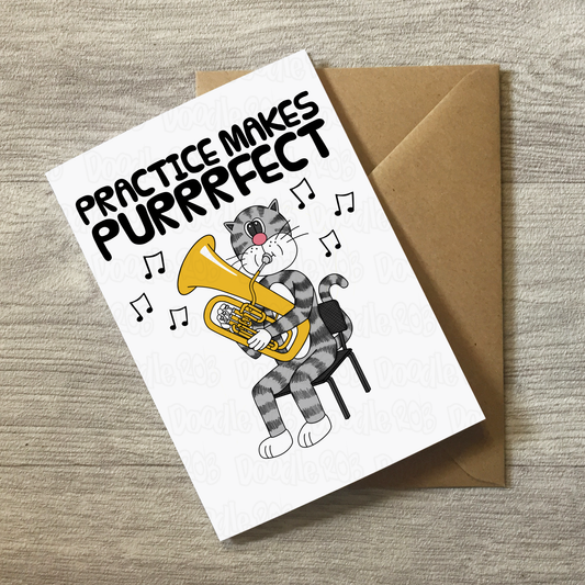 Cat Euphonium Greeting Card - Practice Makes Purrrfect - Euphoniumist Birthday Card - Funny Brass Musician Card