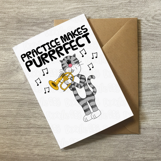 Cat Flugelhorn Greeting Card - Practice Makes Purrrfect - Horn Player Birthday Card - Funny Brass Musician Card