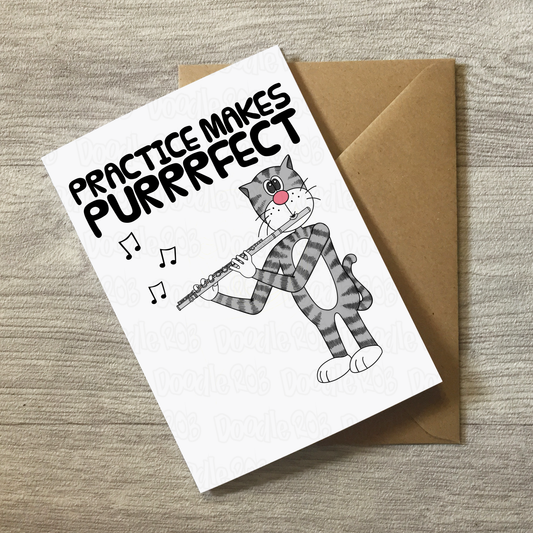 Cat Flute Greeting Card - Practice Makes Purrrfect - Flautist Birthday Card - Funny Music Teacher Card