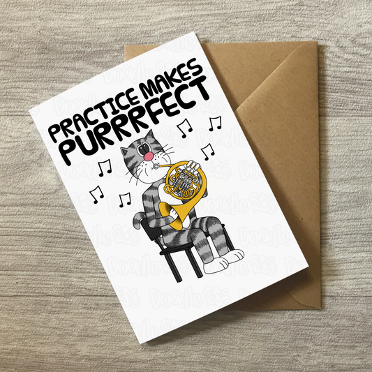 Cat French Horn Greeting Card - Practice Makes Purrrfect - Horn Player Birthday Card - Funny Brass Musician Card