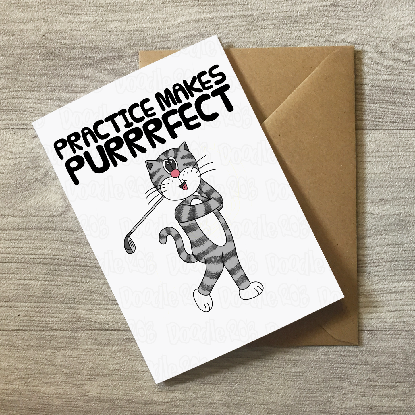 Cat Playing Golf Greeting Card - Practice Makes Purrrfect - Funny Golfer Card