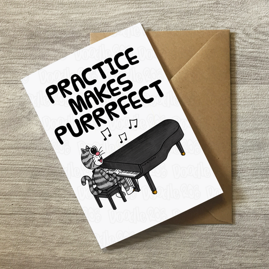 Cat Piano Greeting Card - Practice Makes Purrrfect - Pianist Birthday Card - Funny Music Teacher Card