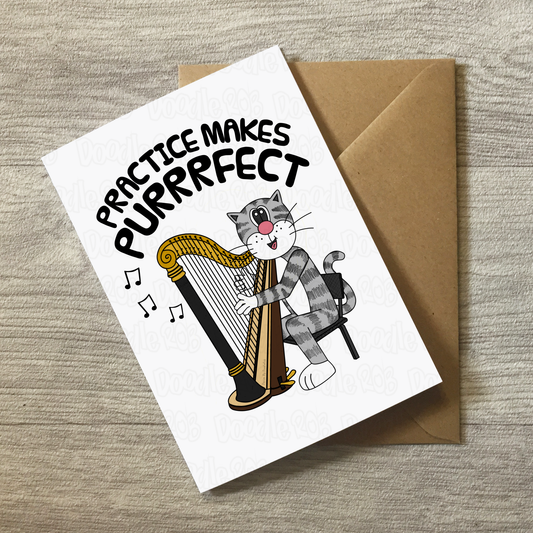 Cat Harp Greeting Card - Practice Makes Purrrfect - Harpist Birthday Card