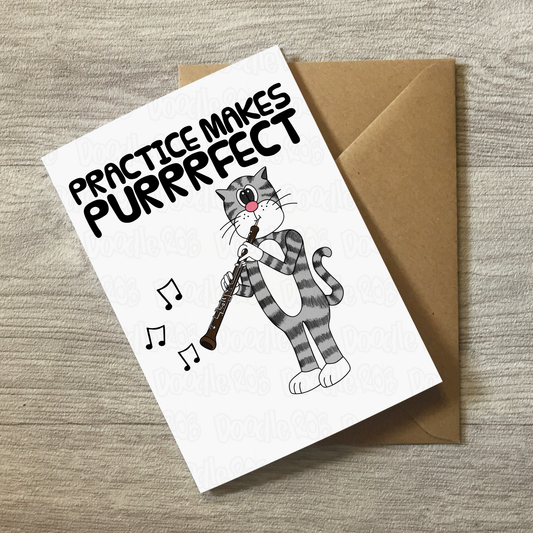 Cat Oboe Greeting Card - Practice Makes Purrrfect - Oboist Birthday Card - Funny Music Teacher Card