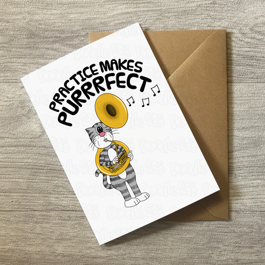 Cat Sousaphone Greeting Card - Practice Makes Purrrfect - Sousaphonist Birthday Card - Funny Brass Musician Card